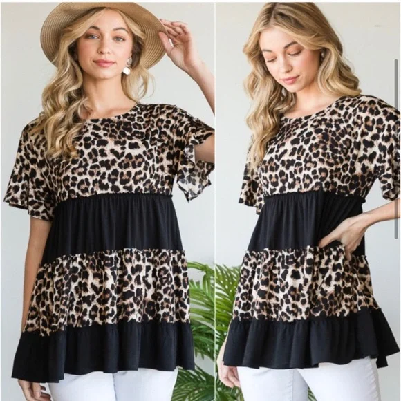 Animal leopard print babydoll ruffle sleeve top - Picture 2 of 3